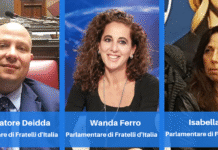 Salvatore Deidda, Wanda Ferro e Isabella Rauti, parlamentari di Fratelli d'Italia e componenti delle commissioni Difesa di Camera e Senato