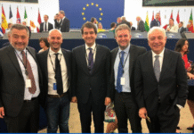Europarlamentari di Fratelli d'Italia Raffaele Fitto (Co- Presidente Ecr), Carlo Fidanza (Capo delegazione Fdi), Nicola Procaccini, Raffaele Stancanelli e Pietro Fiocchi