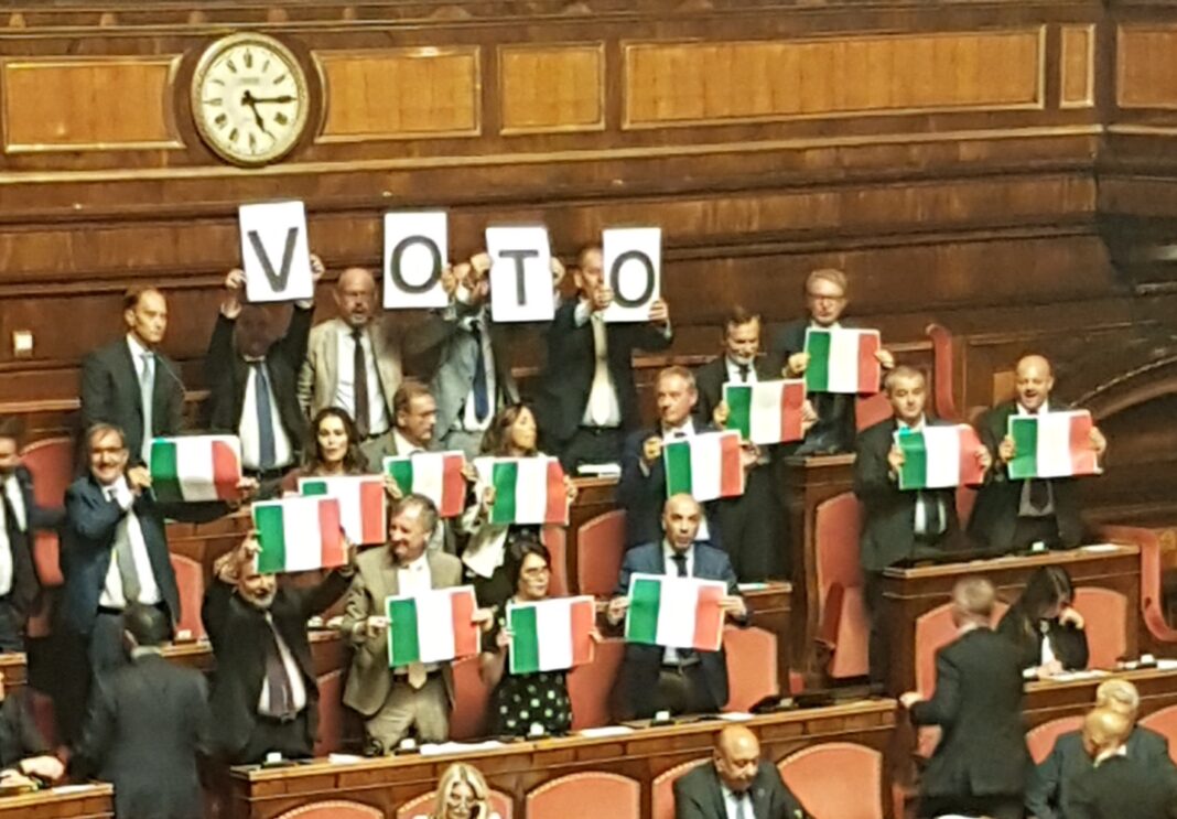 I senatori di Fratelli d'Italia hanno mostrato bandiere tricolori e la scritta 'Voto'