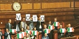 I senatori di Fratelli d'Italia hanno mostrato bandiere tricolori e la scritta 'Voto'