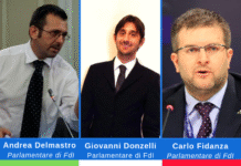 parlamentari di Fratelli d'Italia Andrea Delmastro, Giovanni Donzelli e Carlo Fidanza