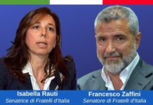 senatori di Fratelli d'Italia, Isabella Rauti, responsabile del dipartimento di Fratelli d'Italia "Pari opportunità, famiglia, valori non negoziabili" e Franco Zaffini, capogruppo FdI in Commissione Sanitá
