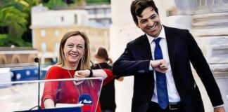 Giorgia Meloni, presidente di Fratelli d’Italia, e Francesco Acquaroli, Presidente della Regione Marche e deputato FdI