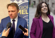 Francesco Lollobrigida, capogruppo FdI alla Camera, e il deputato di Fratelli d'Italia Augusta Montaruli.
