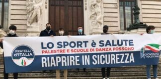 Vittorio Fantozzi, vice-capogruppo Fratelli d'Italia in Consiglio regionale, e Marco Martinelli, capogruppo Fratelli d'Italia in Consiglio comunale a Lucca al Flash Mob organizzato da FdI a sostegno di palestre e scuole di danza