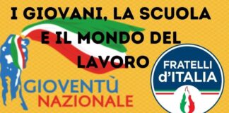 Grafica del convegno “I giovani, la scuola e il mondo del lavoro” organizzato da Fratelli d'Italia, Gioventù Nazionale e Azione Studentesca.