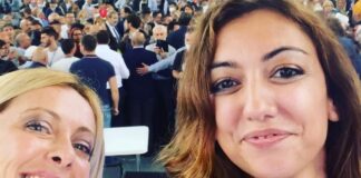 Giorgia Meloni, presidente di Fratelli d’Italia e Augusta Montaruli, deputato torinese di Fratelli d'Italia alla presentazione del libro “Io sono Giorgia” al Parco Dora di Torino.