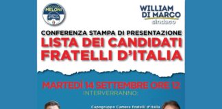 Locandina della conferenza stampa di presentazione dei candidati della lista di Fratelli d’Italia, presso il Lido Celommi.