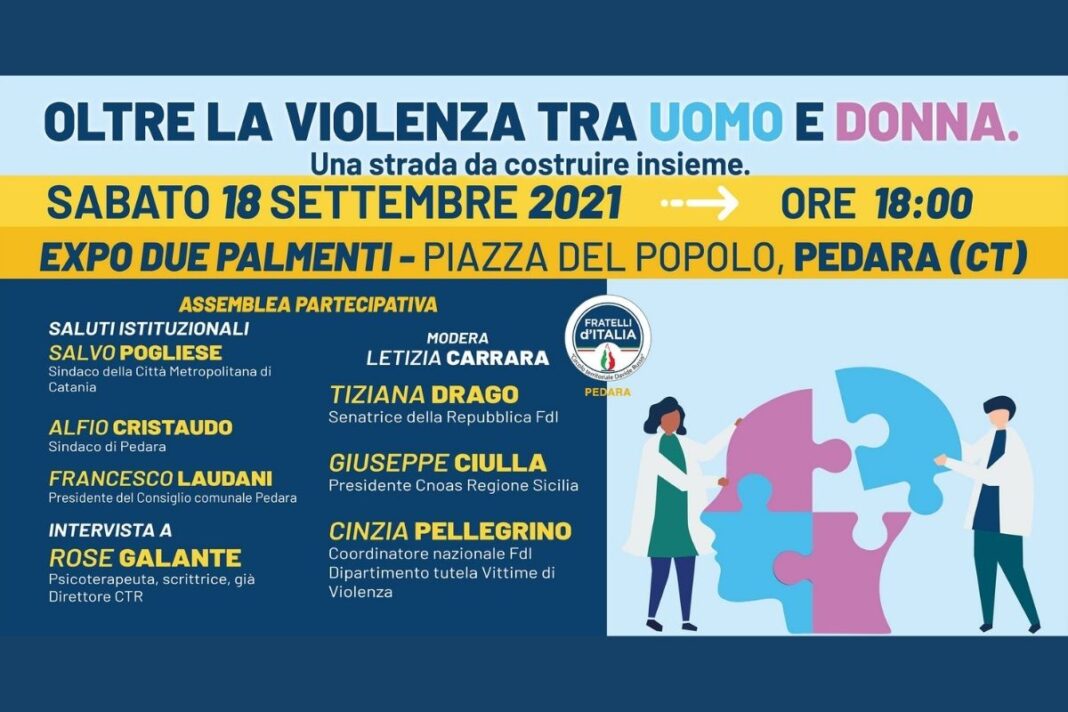 Locandina del convegno “Oltre la Violenza tra uomo e donna. Una strada da costruire insieme” organizzato da Fratelli d'Italia.