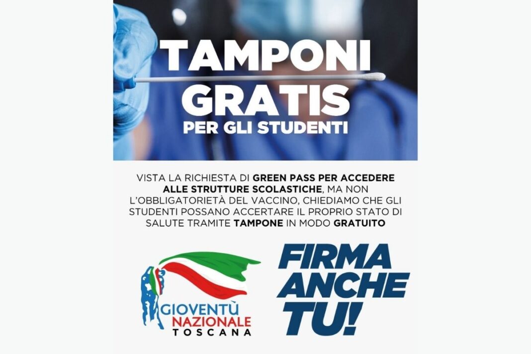 Locandina della campagna di raccolta firme per tamponi gratis agli studenti lanciata da Gioventù Nazionale Toscana.