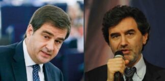 Raffaele Fitto, copresidente del gruppo Ecr-Fratelli d'Italia al Parlamento europeo e Marco Marsilio, presidente della Regione Abruzzo di Fratelli d'Italia.