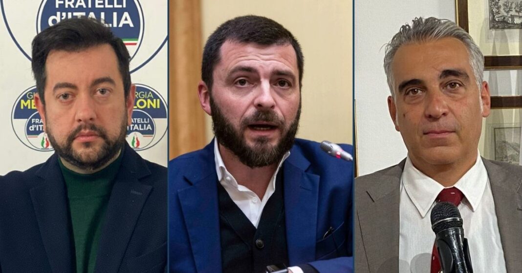 Walter Rizzetto, deputato di Fratelli d'Italia, Francesco Torselli e Diego Petrucci, rispettivamente capogruppo di Fratelli d'Italia nel Consiglio regionale toscano e consigliere regionale di Fratelli d'Italia.