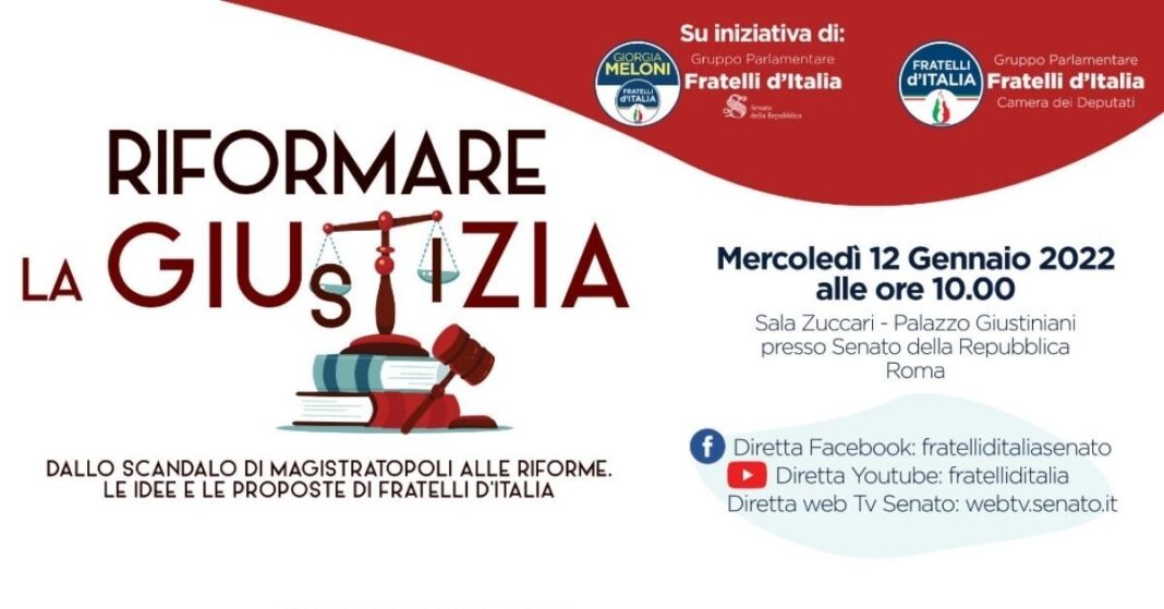 Locandina del convegno sulla Giustizia organizzato dai gruppi parlamentari di Fratelli d'Italia.