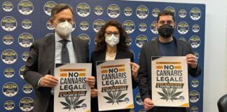 Fabio Roscani, Presidente di Gioventù Nazionale, movimento giovanile di Fratelli d’Italia insieme a Maria Teresa Bellucci, deputato di Fratelli d'Italia e Alberto Balboni, senatore di Fratelli d'Italia alla conferenza stampa 'Cannabis legale, le ragioni del no'.