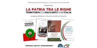 Locandina della rassegna culturale "La Patria tra le righe", organizzata dal coordinamento provinciale di Fratelli d’Italia in collaborazione con il coordinamento provinciale di Gioventù Nazionale.