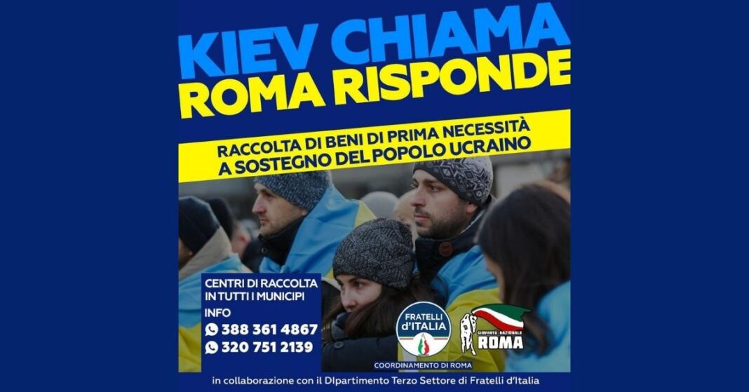 Locandina della campagna di raccolta di beni di prima necessità ‘Kiev chiama Roma risponde’ organizzata da Fratelli d’Italia Roma.