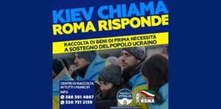 Locandina della campagna di raccolta di beni di prima necessità ‘Kiev chiama Roma risponde’ organizzata da Fratelli d’Italia Roma.