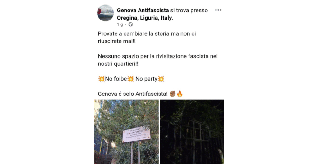 Dipartimento Cultura FdI Genova: “Vandalizzata per l’ennesima volta la targa dedicata a Norma Cossetto a Oregina, con rivendicazione dei soliti noti di «Genova Antifascista»